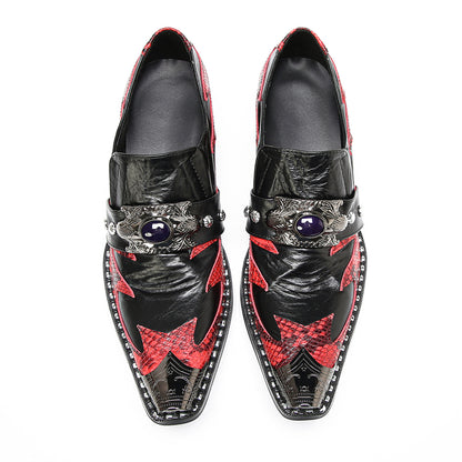 Mens Black Red Snakeskin Pattern Cuban Heel Slip-On Western Loafers
