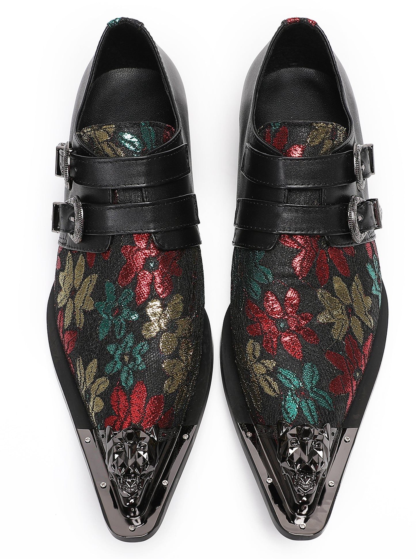 Mens Double Buckle Flower Embroidery Two-Tone Western Loafers