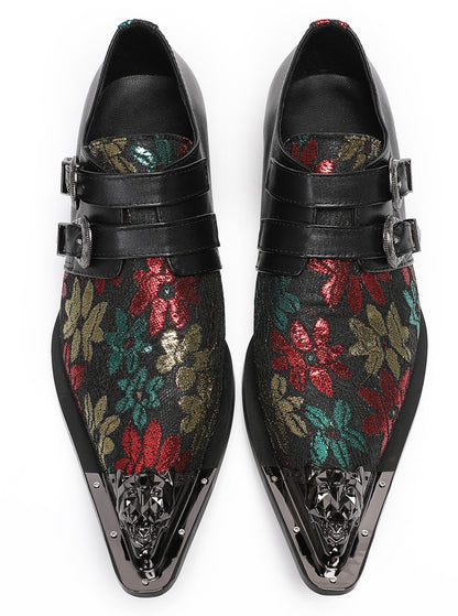 Mens Double Buckle Flower Embroidery Two-Tone Western Loafers