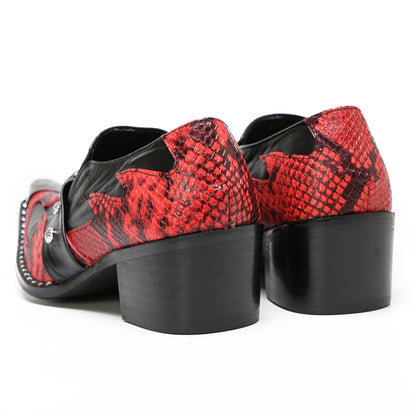 Mens Black Red Snakeskin Pattern Cuban Heel Slip-On Western Loafers