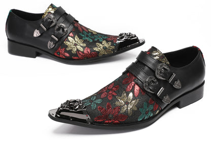 Mens Double Buckle Flower Embroidery Two-Tone Western Loafers