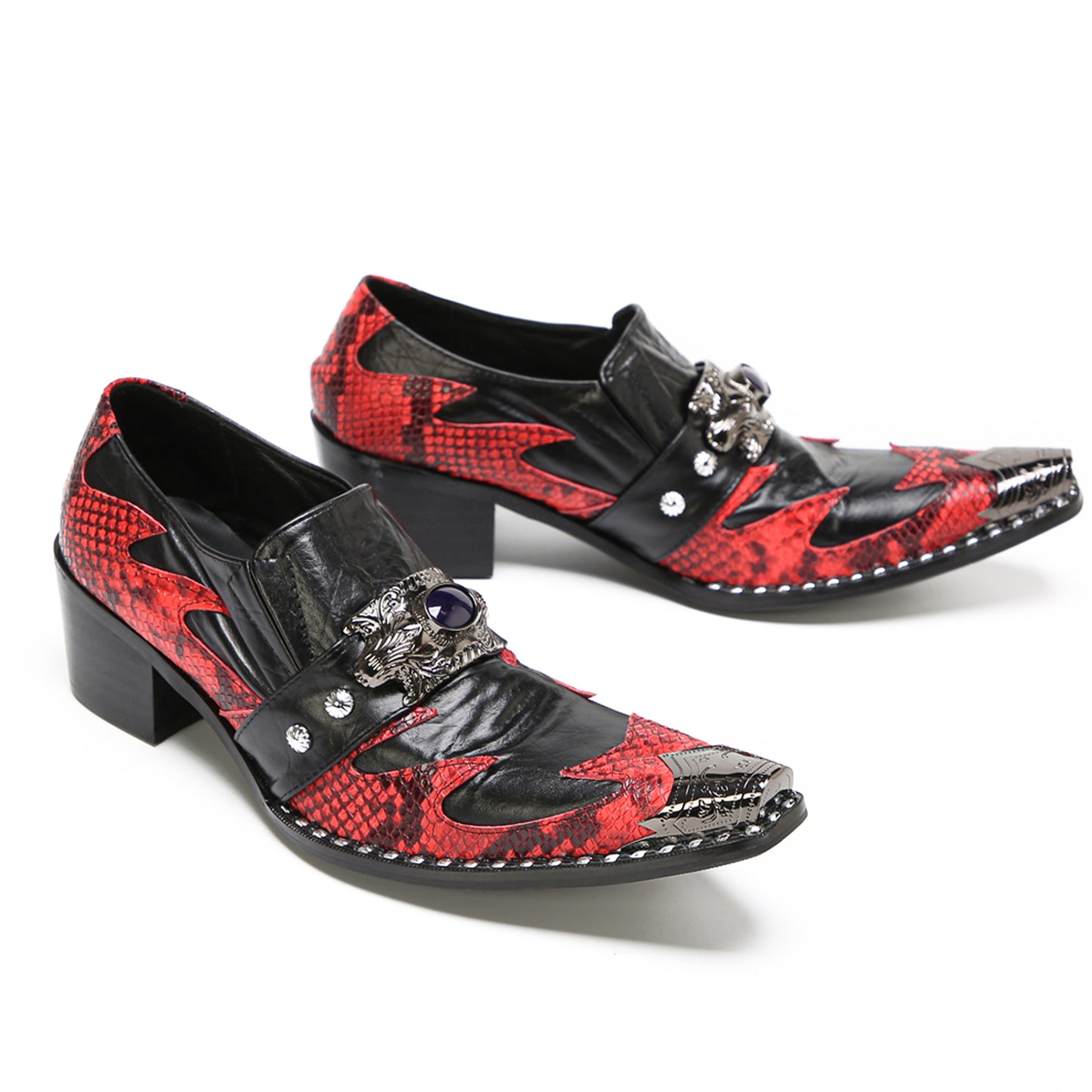 Mens Black Red Snakeskin Pattern Cuban Heel Slip-On Western Loafers