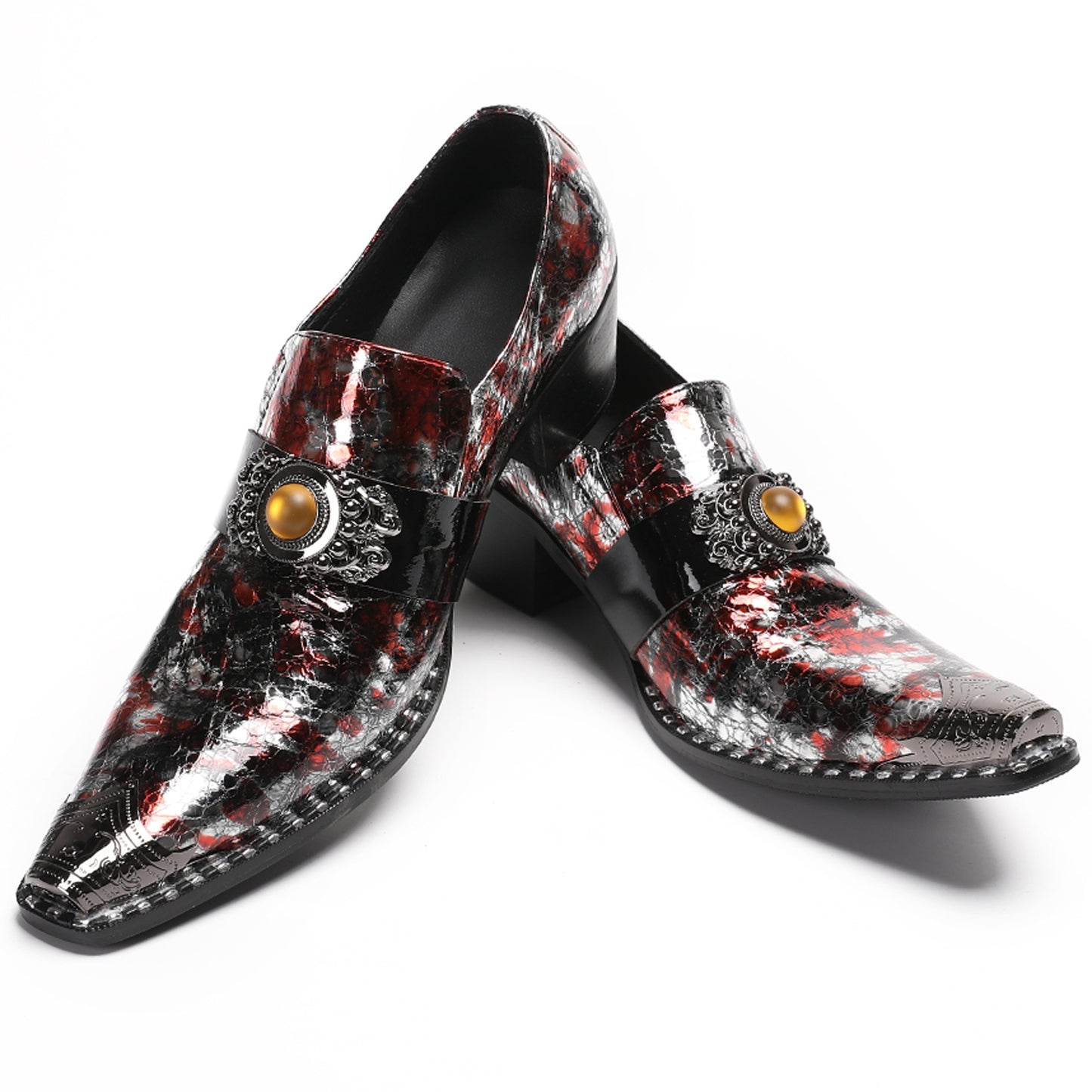 Mens Handmade Patent Leather Metal Toe Loafers Dress Shoes