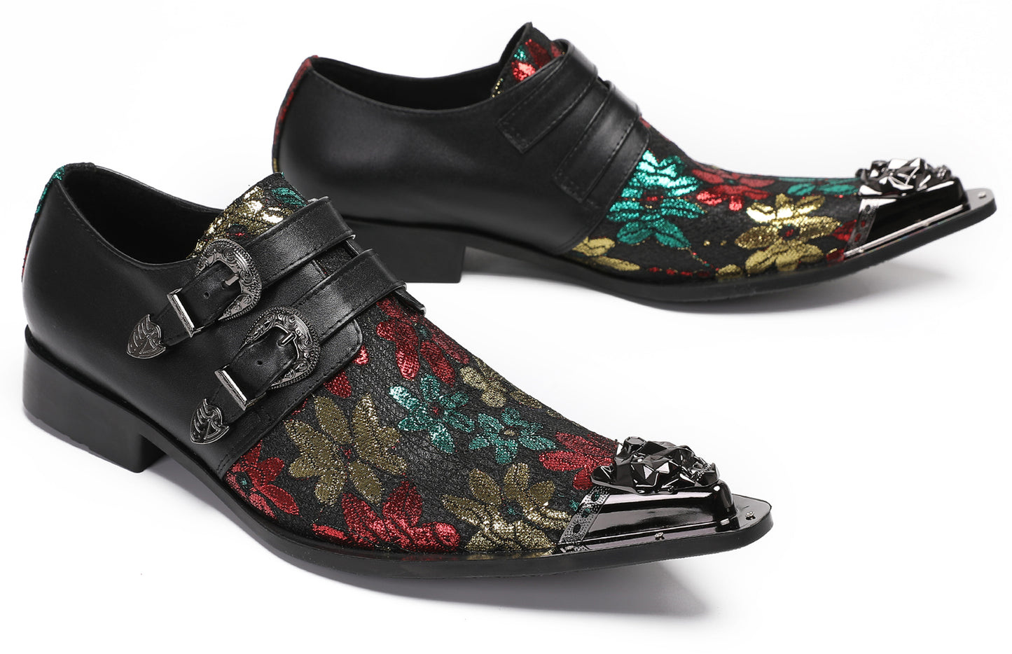 Mens Double Buckle Flower Embroidery Two-Tone Western Loafers