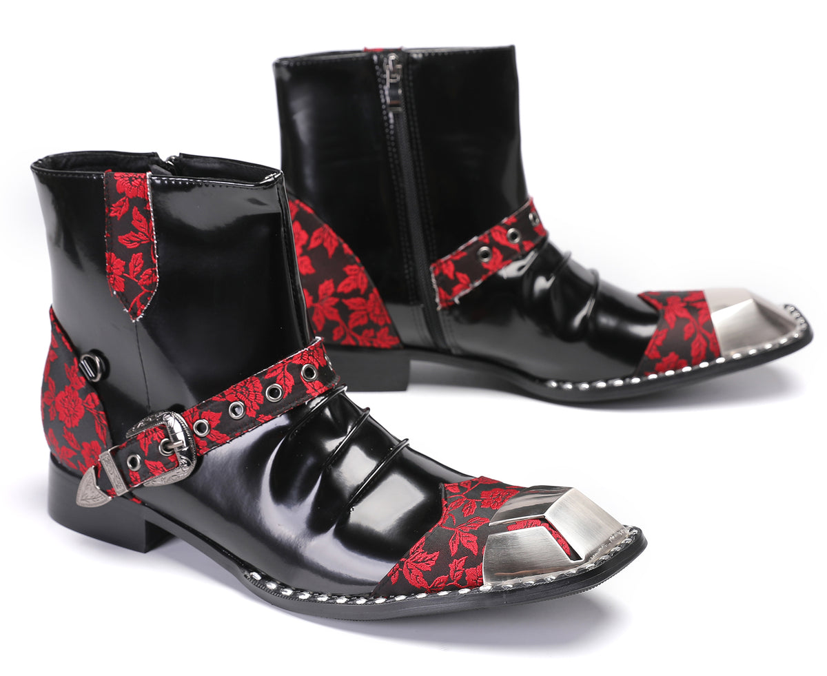 Mens Genuine Leather Metal Square Toe Buckle Rock Cowboy Western Boots