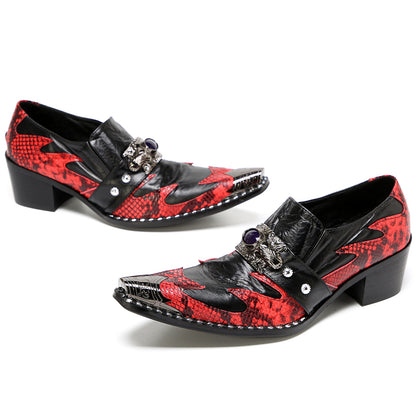 Mens Black Red Snakeskin Pattern Cuban Heel Slip-On Western Loafers