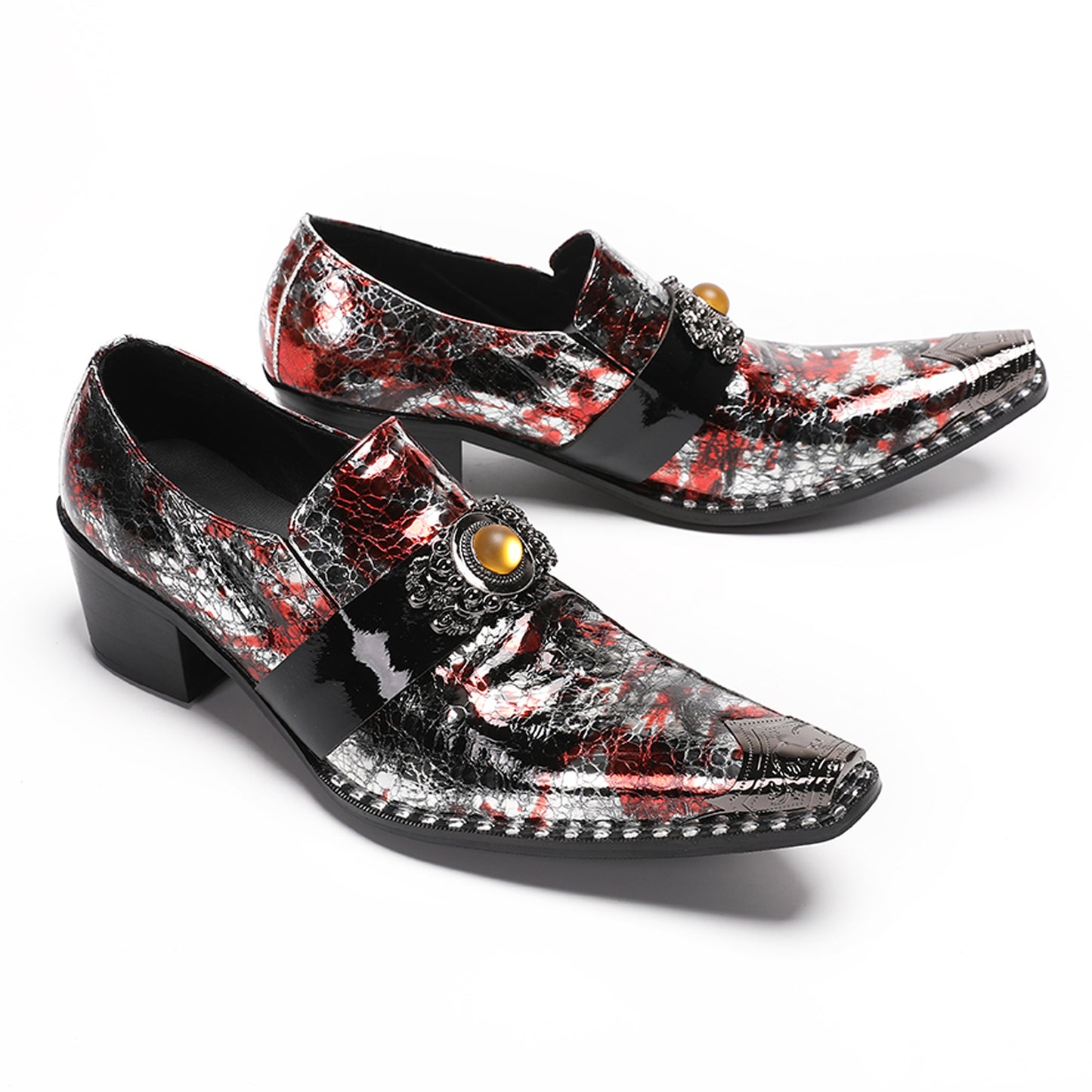 Mens Handmade Patent Leather Metal Toe Loafers Dress Shoes