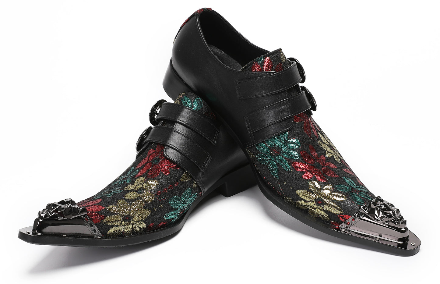 Mens Double Buckle Flower Embroidery Two-Tone Western Loafers