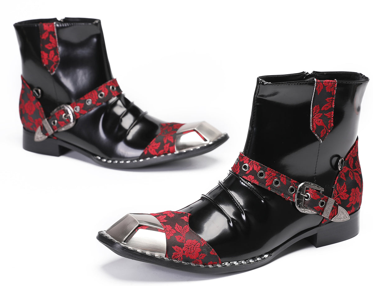 Mens Genuine Leather Metal Square Toe Buckle Rock Cowboy Western Boots