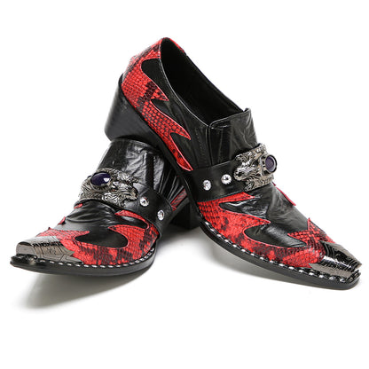 Mens Black Red Snakeskin Pattern Cuban Heel Slip-On Western Loafers