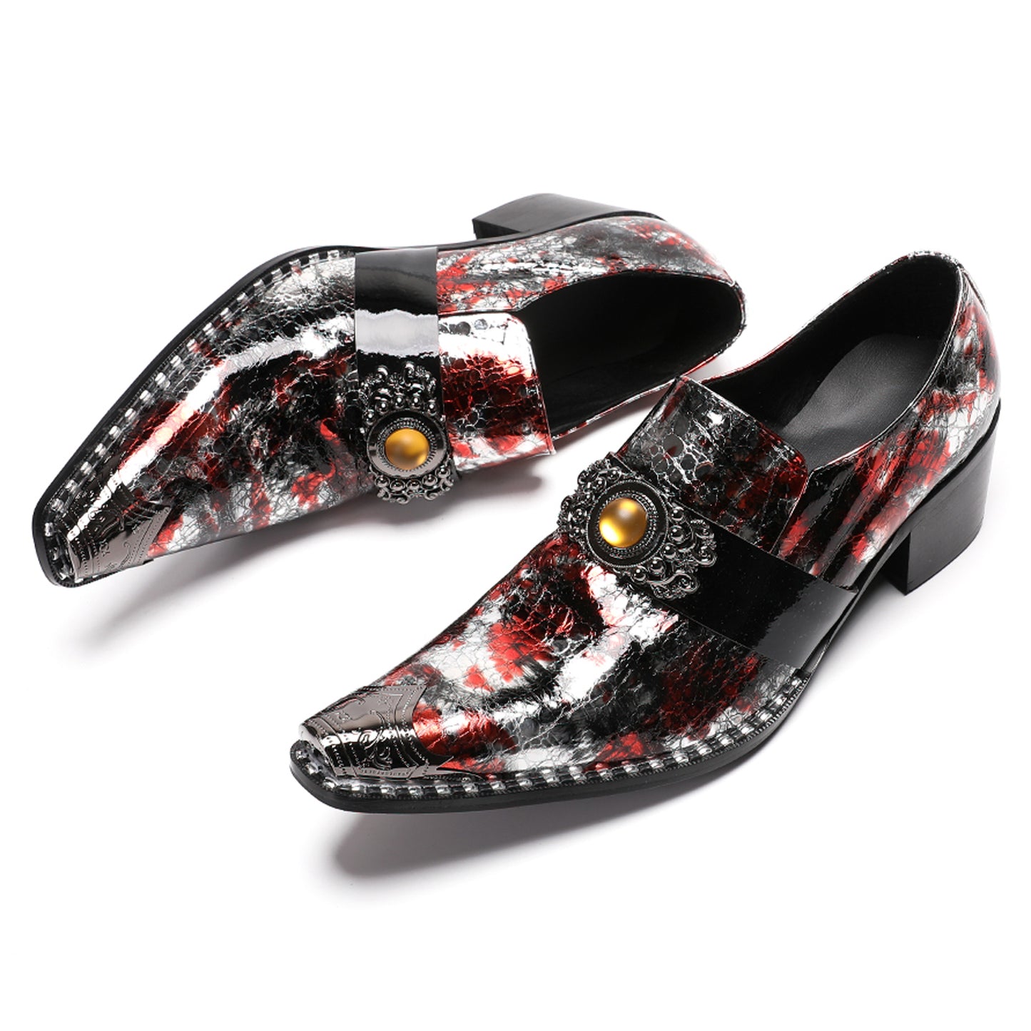 Mens Handmade Patent Leather Metal Toe Loafers Dress Shoes