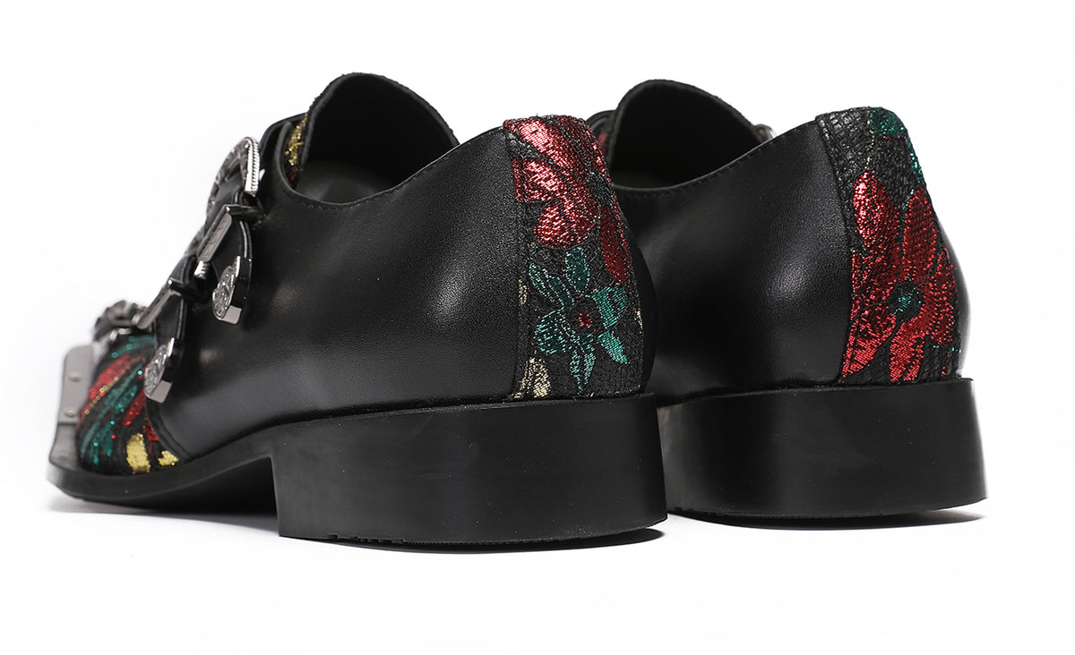 Mens Double Buckle Flower Embroidery Two-Tone Western Loafers
