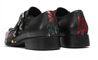 Mens Double Buckle Flower Embroidery Two-Tone Western Loafers