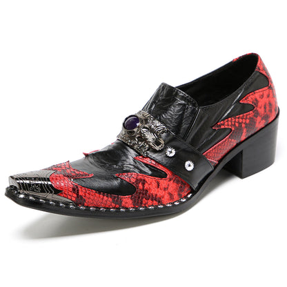 Mens Black Red Snakeskin Pattern Cuban Heel Slip-On Western Loafers