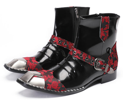 Mens Genuine Leather Metal Square Toe Buckle Rock Cowboy Western Boots