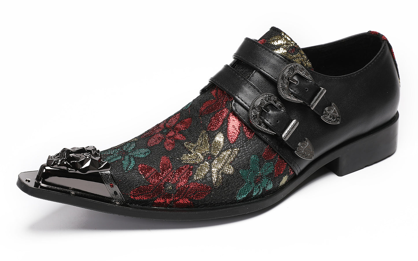 Mens Double Buckle Flower Embroidery Two-Tone Western Loafers
