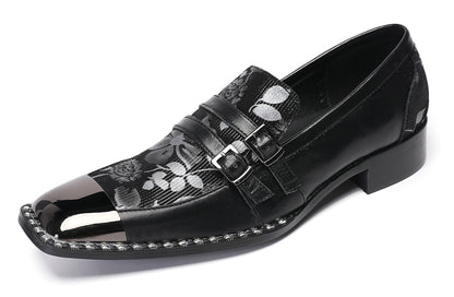 Mens Genuine Leather Buckles Metal Square Toe Western Loafers