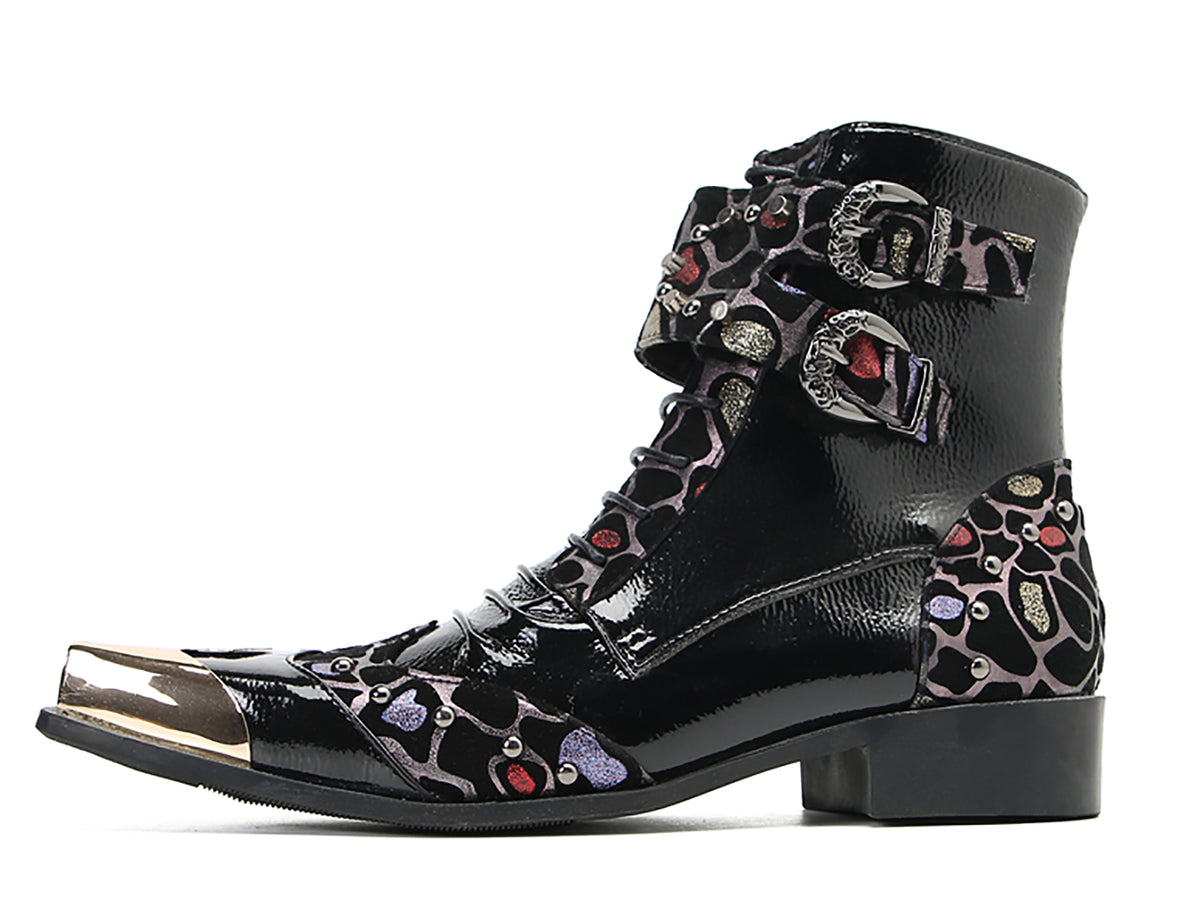Mens Leather Metal Square-Toe Buckle Beaded Colorful Western Boots