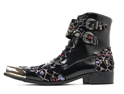 Mens Leather Metal Square-Toe Buckle Beaded Colorful Western Boots