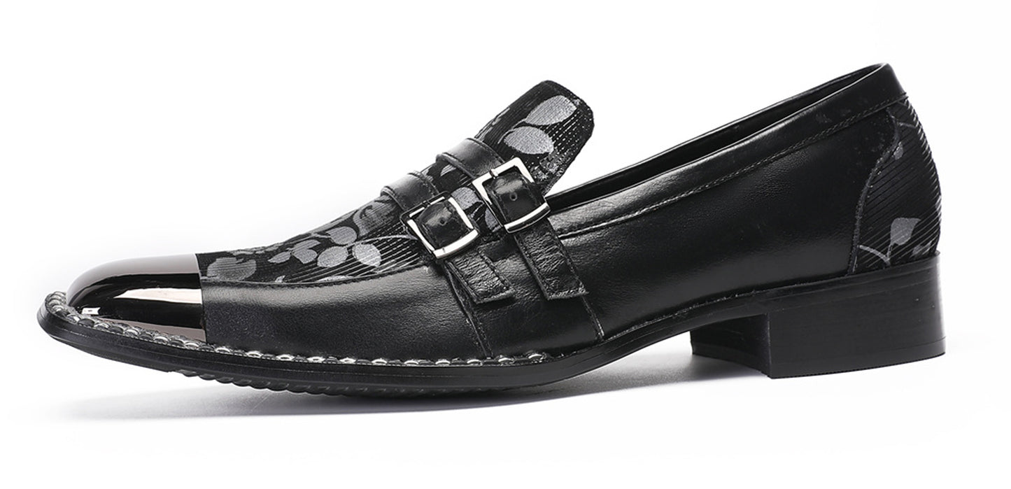 Mens Genuine Leather Buckles Metal Square Toe Western Loafers