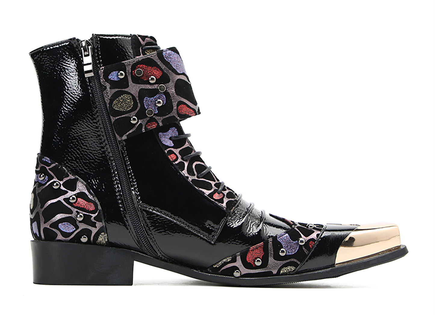 Mens Leather Metal Square-Toe Buckle Beaded Colorful Western Boots