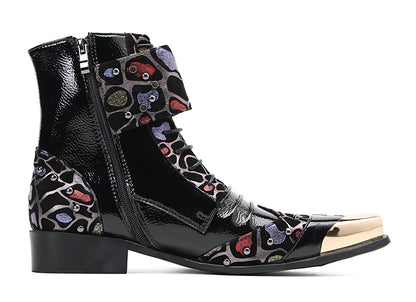 Mens Leather Metal Square-Toe Buckle Beaded Colorful Western Boots