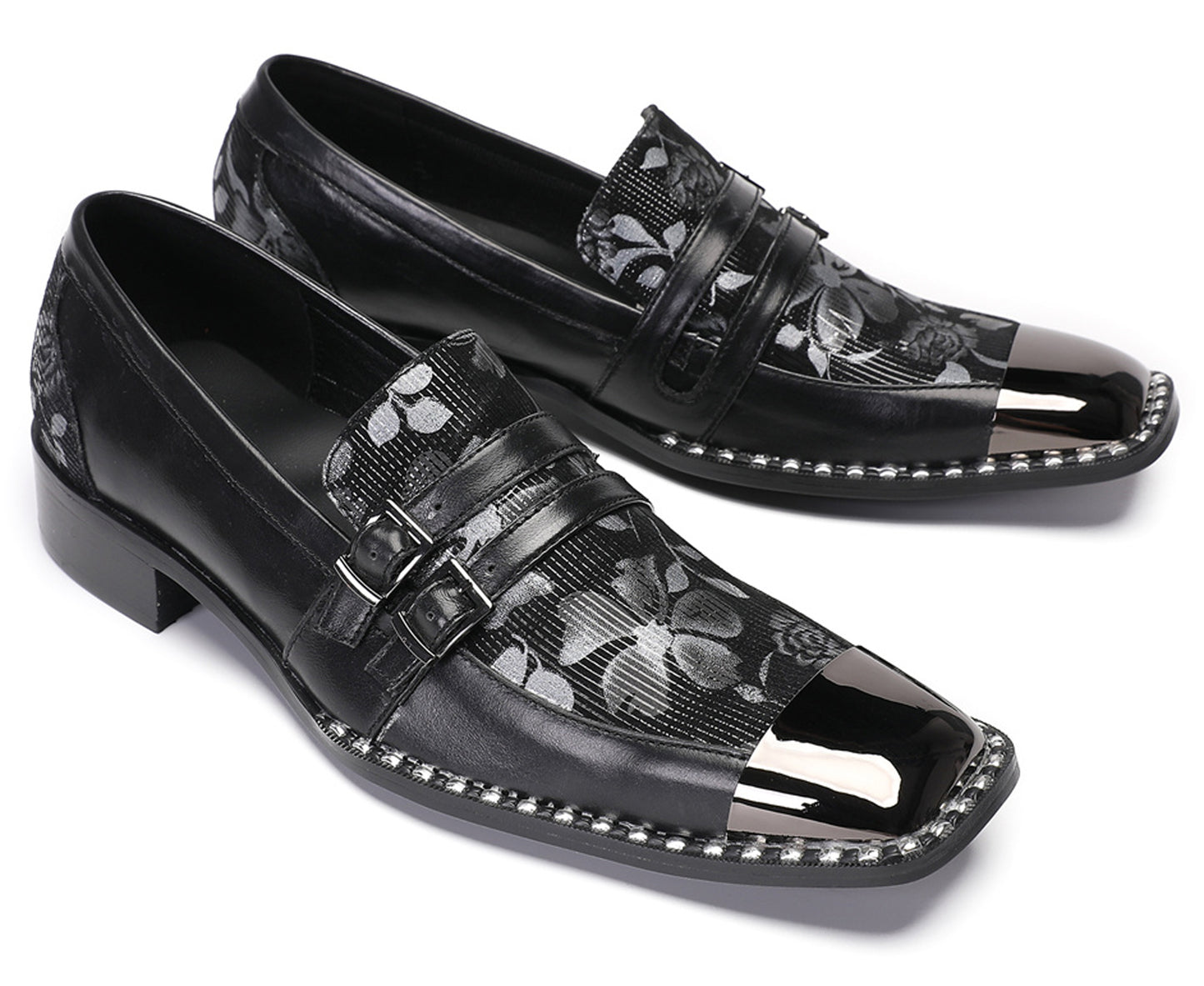 Mens Genuine Leather Buckles Metal Square Toe Western Loafers