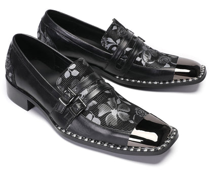 Mens Genuine Leather Buckles Metal Square Toe Western Loafers