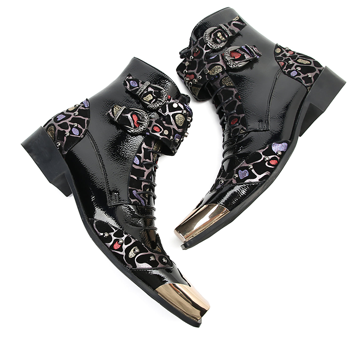Mens Leather Metal Square-Toe Buckle Beaded Colorful Western Boots