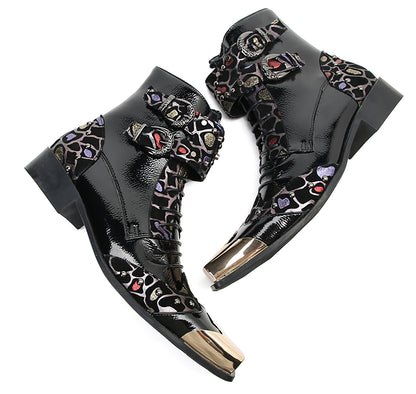 Mens Leather Metal Square-Toe Buckle Beaded Colorful Western Boots