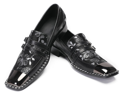 Mens Genuine Leather Buckles Metal Square Toe Western Loafers