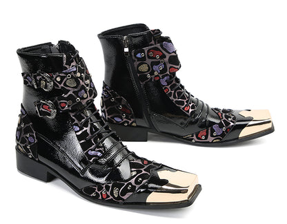 Mens Leather Metal Square-Toe Buckle Beaded Colorful Western Boots