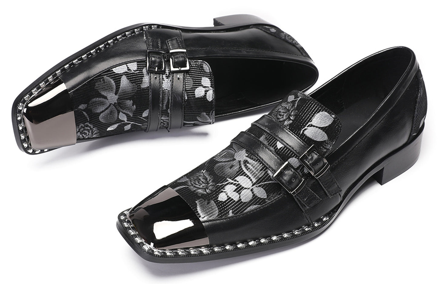 Mens Genuine Leather Buckles Metal Square Toe Western Loafers