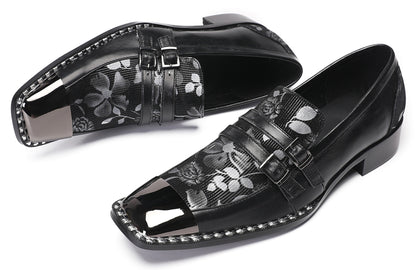 Mens Genuine Leather Buckles Metal Square Toe Western Loafers