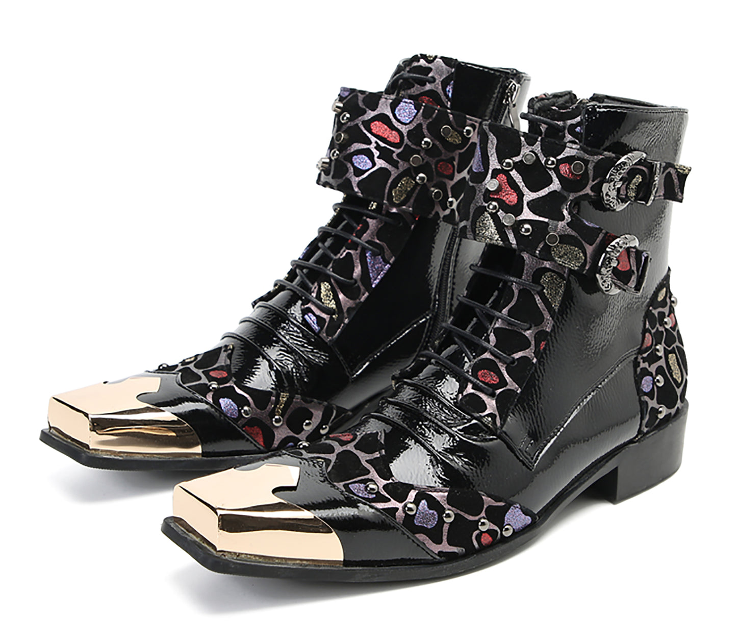 Mens Leather Metal Square-Toe Buckle Beaded Colorful Western Boots