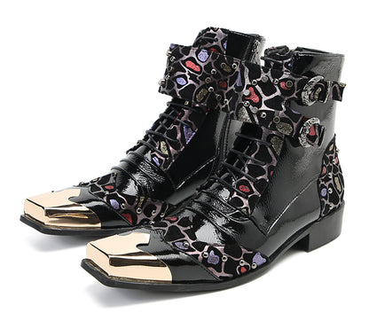 Mens Leather Metal Square-Toe Buckle Beaded Colorful Western Boots