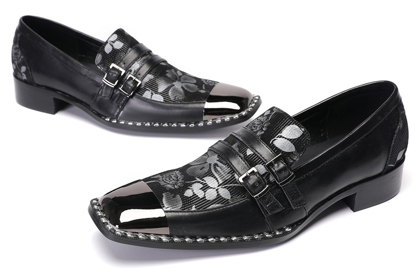 Mens Genuine Leather Buckles Metal Square Toe Western Loafers