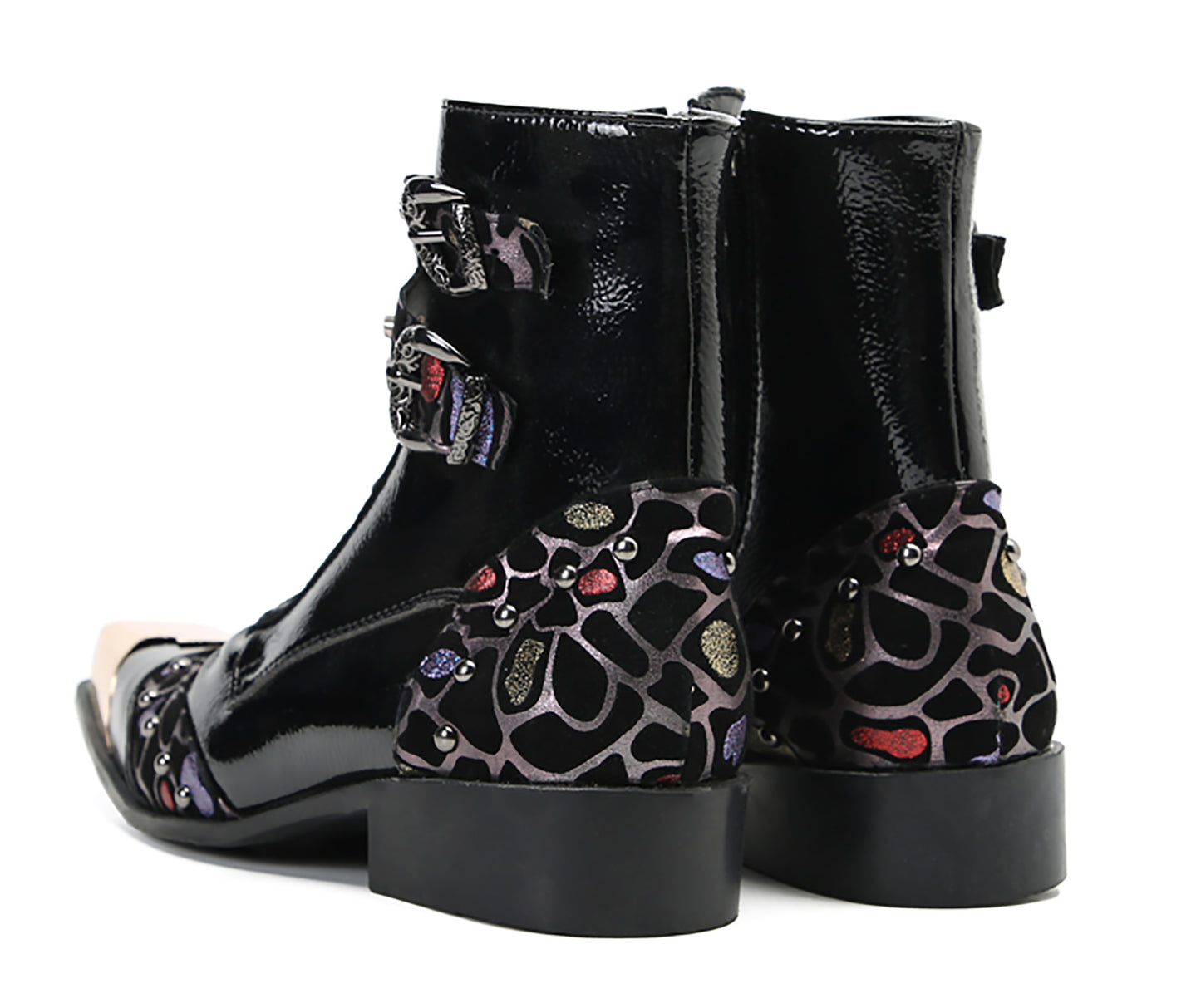 Mens Leather Metal Square-Toe Buckle Beaded Colorful Western Boots