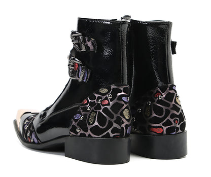 Mens Leather Metal Square-Toe Buckle Beaded Colorful Western Boots