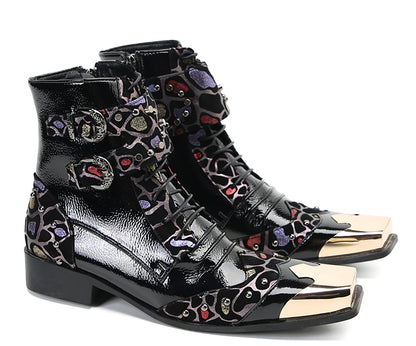 Mens Leather Metal Square-Toe Buckle Beaded Colorful Western Boots
