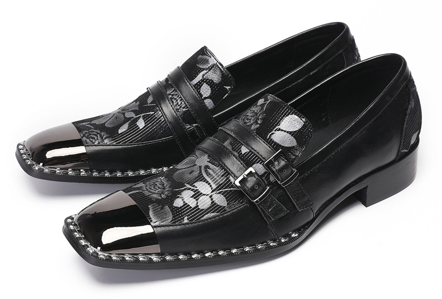 Mens Genuine Leather Buckles Metal Square Toe Western Loafers
