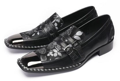 Mens Genuine Leather Buckles Metal Square Toe Western Loafers