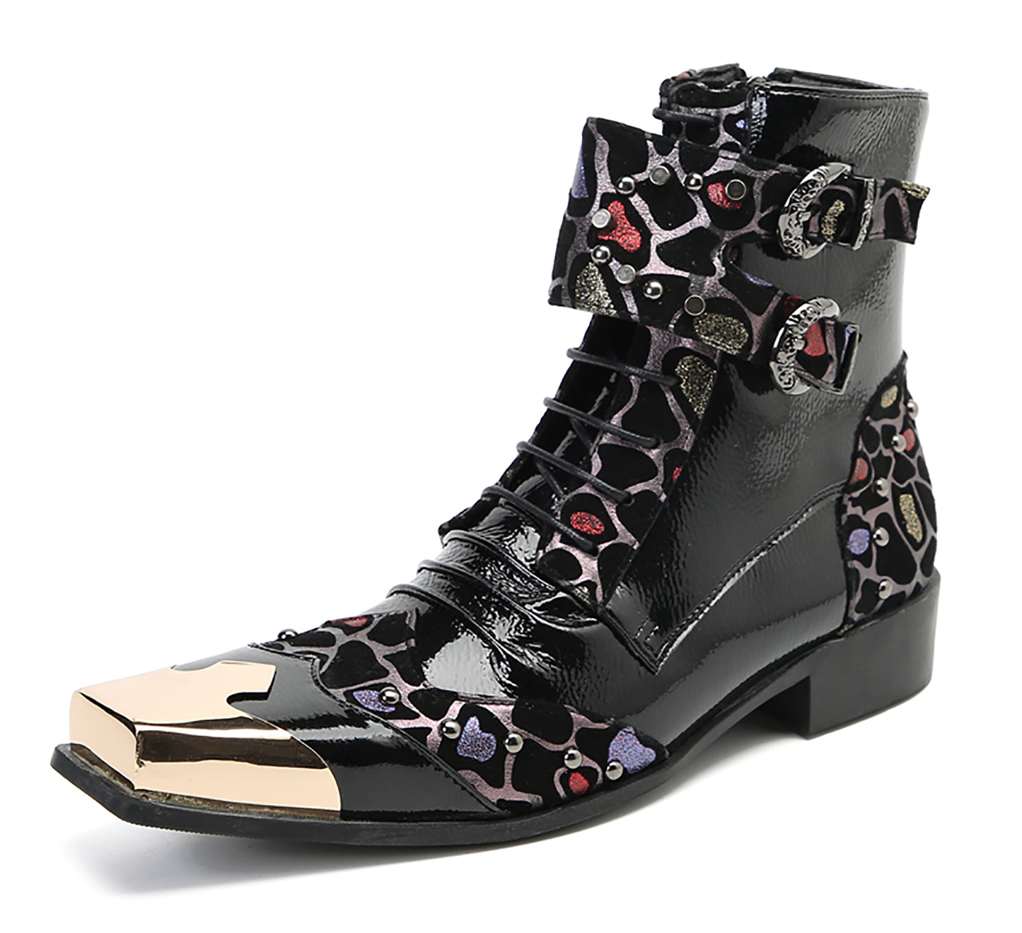 Mens Leather Metal Square-Toe Buckle Beaded Colorful Western Boots