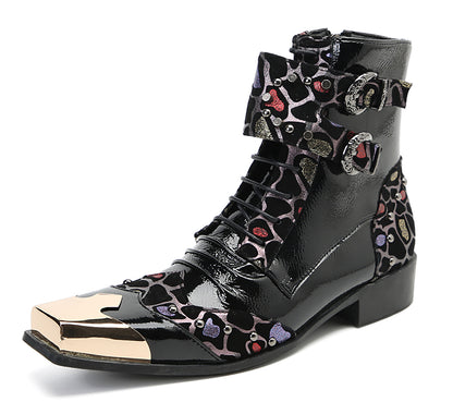 Mens Leather Metal Square-Toe Buckle Beaded Colorful Western Boots