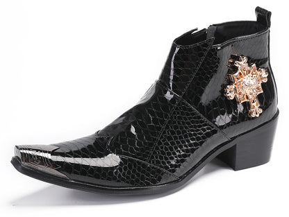 Mens Genuine Leather Snakeskin Pattern Metal Toe Zipper Ankle Western Boots