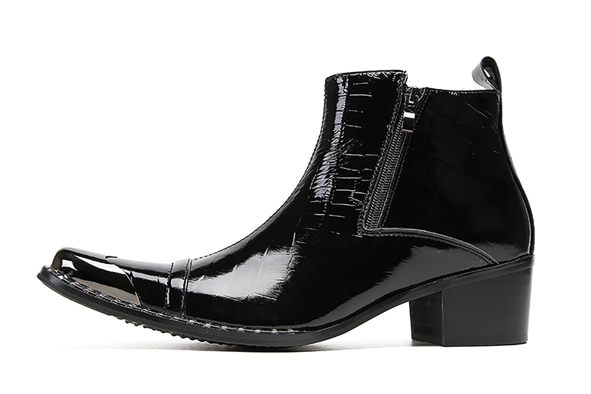 Mens Genunie Leather Metal-Wingtip Two-Sided Zipper Plaid Ankle Western Boots