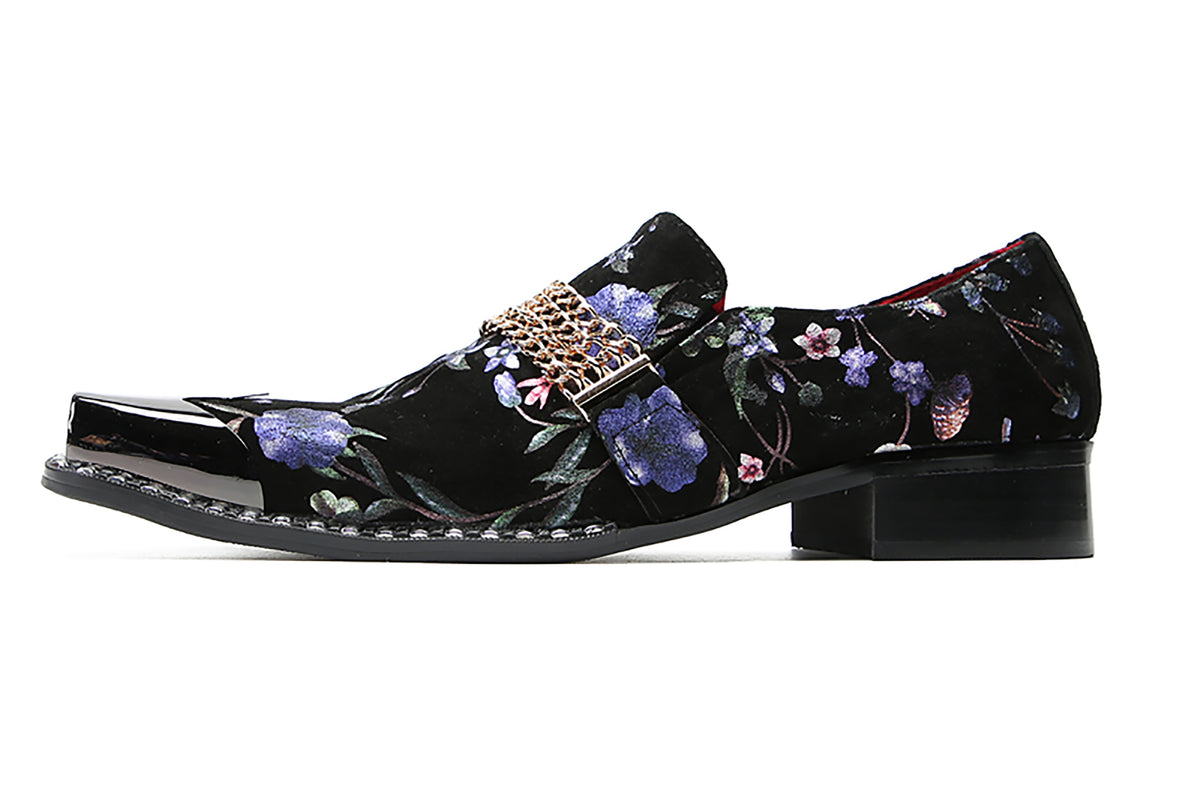 Mens Silp On Casual Dress Metal Square Toe Flowers Chain Western Loafers