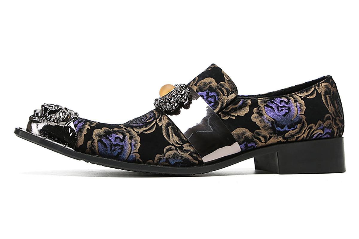 Mens Casual Metal-Tip Toe Yellow Gems Slip On Western Loafers