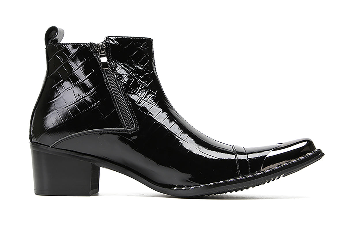 Mens Genunie Leather Metal-Wingtip Two-Sided Zipper Plaid Ankle Western Boots