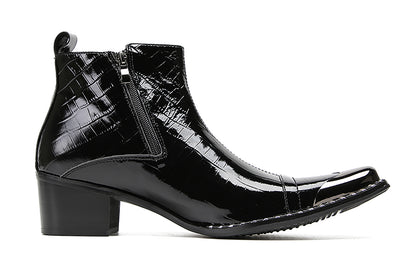 Mens Genunie Leather Metal-Wingtip Two-Sided Zipper Plaid Ankle Western Boots